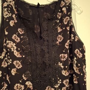 Floral Sleeveless Top - Black and Purple Embroidered Lace Detail